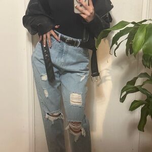 Light Wash Distressed Denim Jeans - Straight Legged